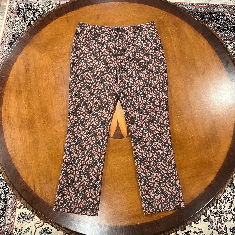 Anthropologie The Essential Slim Floral Jacquard Ankle Length Pant 10 Brown - Picture 2 of 16